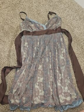 Necessary Objects Beige Lined Dress with Blue Lace Overlay